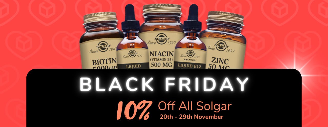 White text on black background saying: 'Black Friday Sale, up to 10% off Solgar at medino.com'